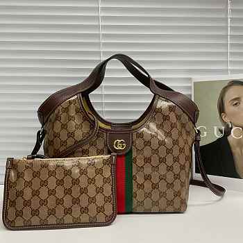 Kitlife Gucci Giglio Small Tote Bag Sand & Dark Brown Varnished GG Fabric ‎860845 25x20x15cm 
