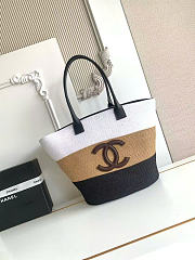 Kitlife Chanel Maxi Shopping Bag Raffia & Calfskin  White, Dark Beige & Black AS6148 13.8x23.6x7.9cm - 1