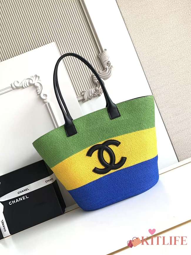Kitlife Chanel Maxi Shopping Bag Raffia & Calfskin Green, Yellow & Blue AS6148 13.8x23.6x7.9cm  - 1