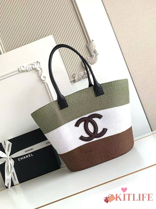 Kitlife Chanel Maxi Shopping Bag Raffia & Calfskin Green Khaki, White & Brown AS6148 13.8x23.6x7.9cm - 1