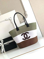 Kitlife Chanel Maxi Shopping Bag Raffia & Calfskin Green Khaki, White & Brown AS6148 13.8x23.6x7.9cm - 1