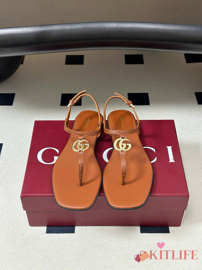 Kitlife Gucci GG Marmont Leather Thong Sandals Brown - 1
