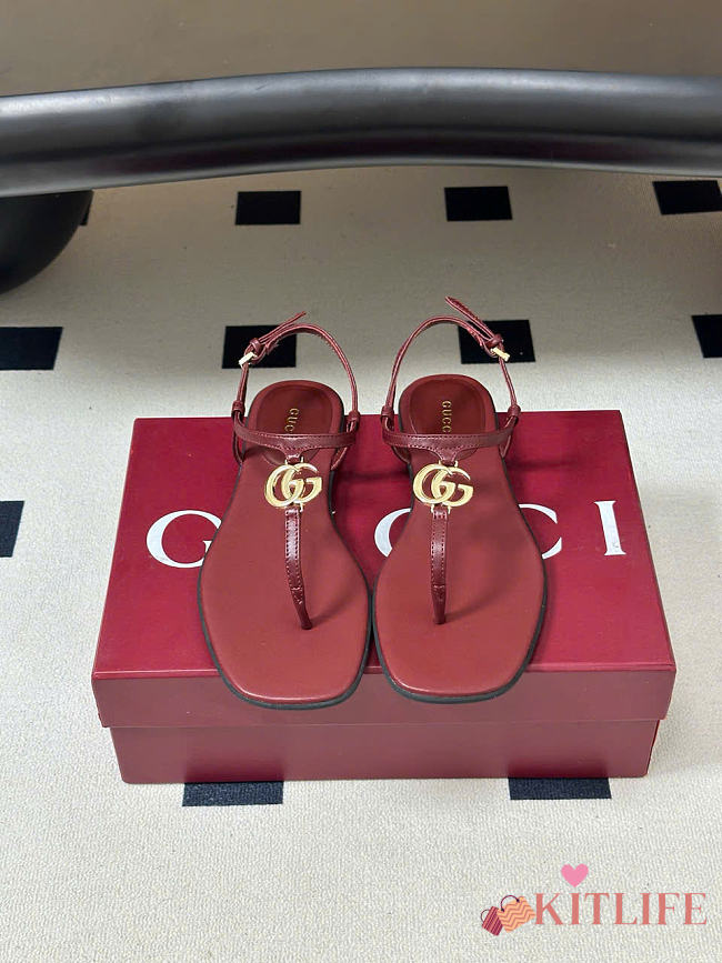 Kitlife Gucci GG Marmont Leather Thong Sandals Burgundy - 1