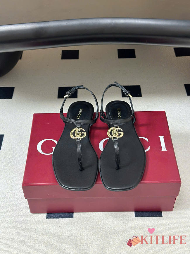 Kitlife Gucci GG Marmont Leather Thong Sandals Black - 1