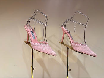 Kitlife Jimmy Choo Lace Rhinestone Chain Open Back Pointed Toe High-Heeled Sandals Pink 100mm