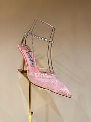 Kitlife Jimmy Choo Lace Rhinestone Chain Open Back Pointed Toe High-Heeled Sandals Pink 100mm - 2