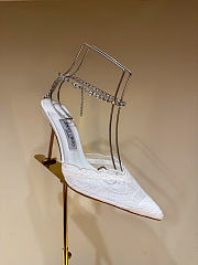 Kitlife Jimmy Choo Lace Rhinestone Chain Open Back Pointed Toe High-Heeled Sandals White 100mm - 5
