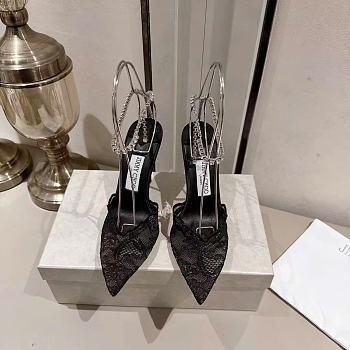 Kitlife Jimmy Choo Lace Rhinestone Chain Open Back Pointed Toe High-Heeled Sandals Black 100mm