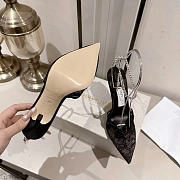 Kitlife Jimmy Choo Lace Rhinestone Chain Open Back Pointed Toe High-Heeled Sandals Black 100mm - 5