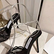 Kitlife Jimmy Choo Lace Rhinestone Chain Open Back Pointed Toe High-Heeled Sandals Black 100mm - 4