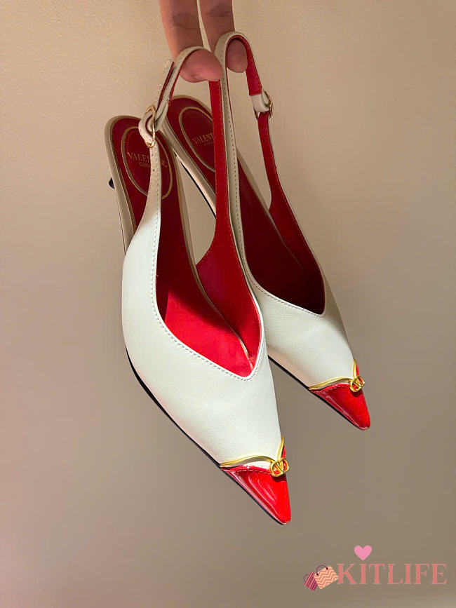 Kitlife Valentino Garavani Leather Heartip Slingback Pumps 35mm White & Red  - 1