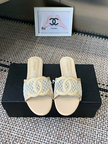 Kitlife Chanel CC Logo Mesh Slippers Beige 