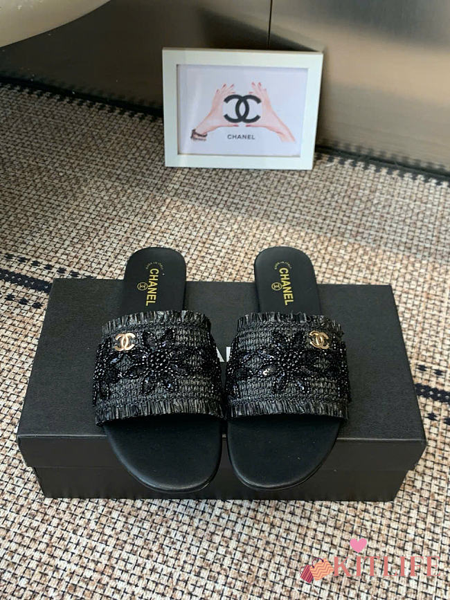 Kitlife Chanel 2026 Flower Embroidery Slippers Black - 1