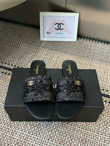 Kitlife Chanel 2026 Flower Embroidery Slippers Black