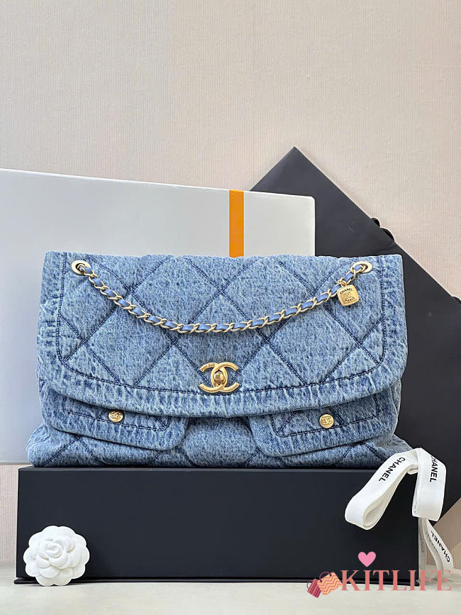 Kitlife Chanel Washed Denim Quilted Maxi Flap Bag Blue 38x26x11cm - 1