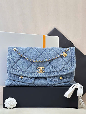 Kitlife Chanel Washed Denim Quilted Maxi Flap Bag Blue 38x26x11cm