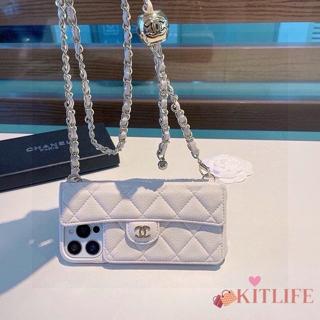 Kitlife Chanel Phone Case White Lambskin With Chain - 1