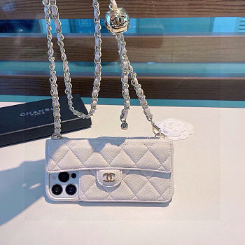 Kitlife Chanel Phone Case White Lambskin With Chain