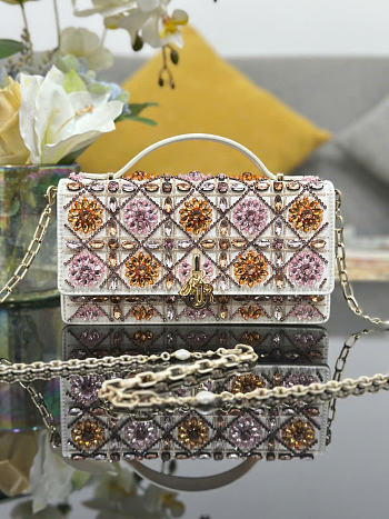 Kitlife Dior Miss Embroidered White, Pink & Violet Rhinestone Chain Bag 21x11.5x4 cm