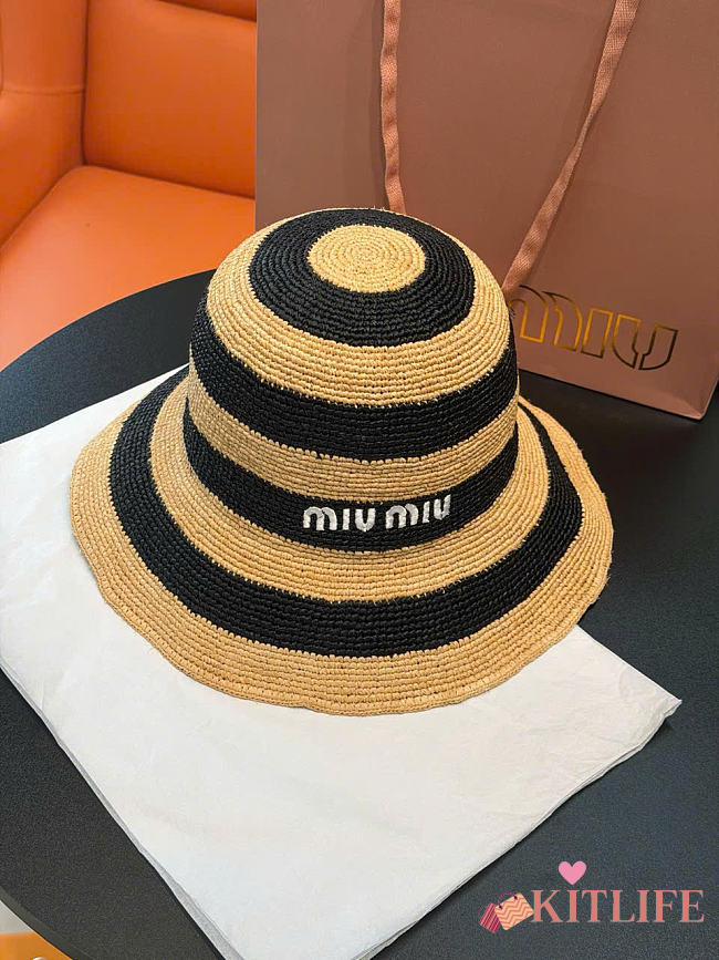 Kitlife Miu Miu Striped Beige & Black Raffia Hat - 1