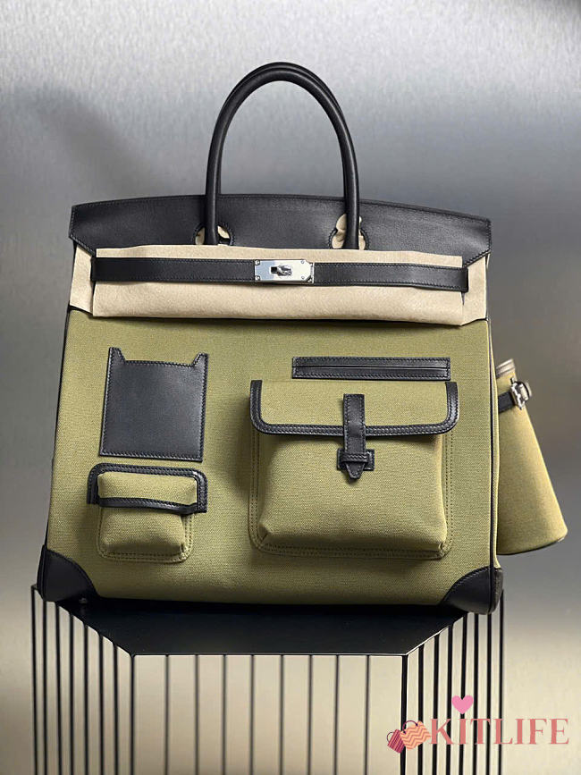 Kitlife Hermes Birkin Cargo HAC 40cm Black Swift Leather & Green Canvas Patchwork Bag  - 1