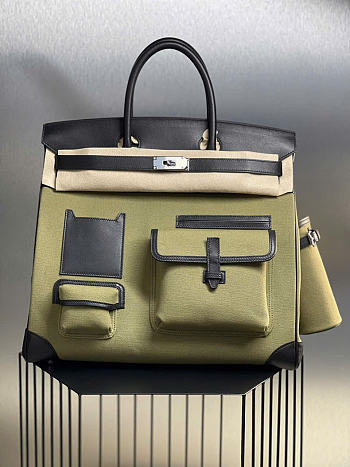 Kitlife Hermes Birkin Cargo HAC 40cm Black Swift Leather & Green Canvas Patchwork Bag 