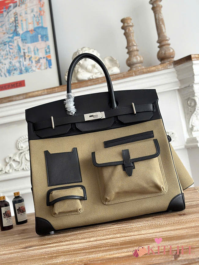 Kitlife Hermes Birkin Cargo HAC 40cm Black Swift Leather & Tan Canvas Patchwork Bag - 1