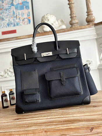Kitlife Hermes Birkin Cargo HAC 40cm Black Swift Leather & Dark Blue Canvas Patchwork Bag