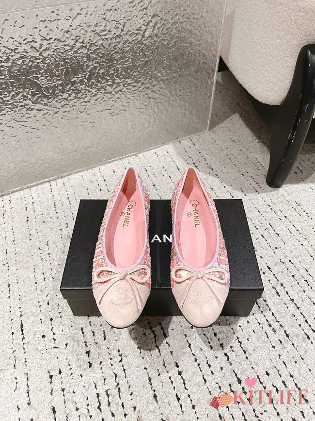 Kitlife Chanel Ballet Flats Shoes Pink Lambskin & Tweed - 1