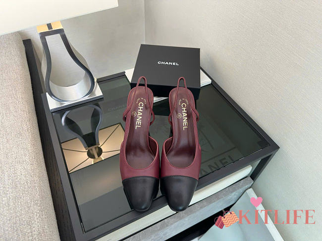 Kitlife Chanel Burgundy Calfskin Cap Toe CC Slingback Pumps 65mm - 1