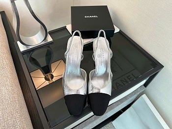 Kitlife Chanel Silver Calfskin Cap Toe CC Slingback Pumps 65mm