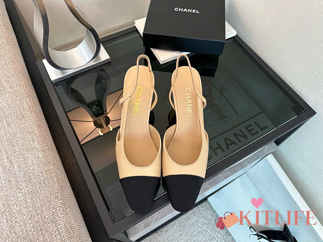 Kitlife Chanel Beige Calfskin Cap Toe CC Slingback Pumps 65mm - 1