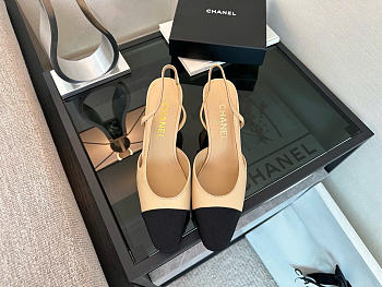 Kitlife Chanel Beige Calfskin Cap Toe CC Slingback Pumps 65mm