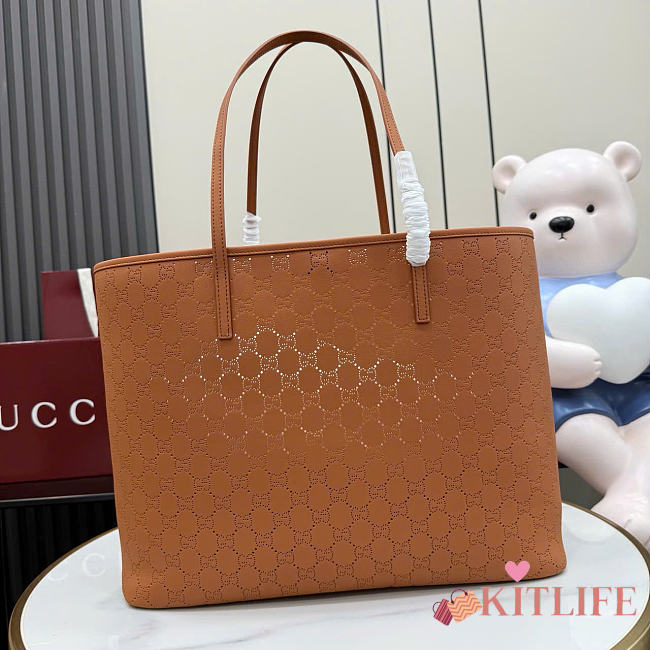 Kitlife Gucci Tribeca Large Tote Bag Brown Perforated GG Soft Leather 874745 38x29.5x13cm - 1