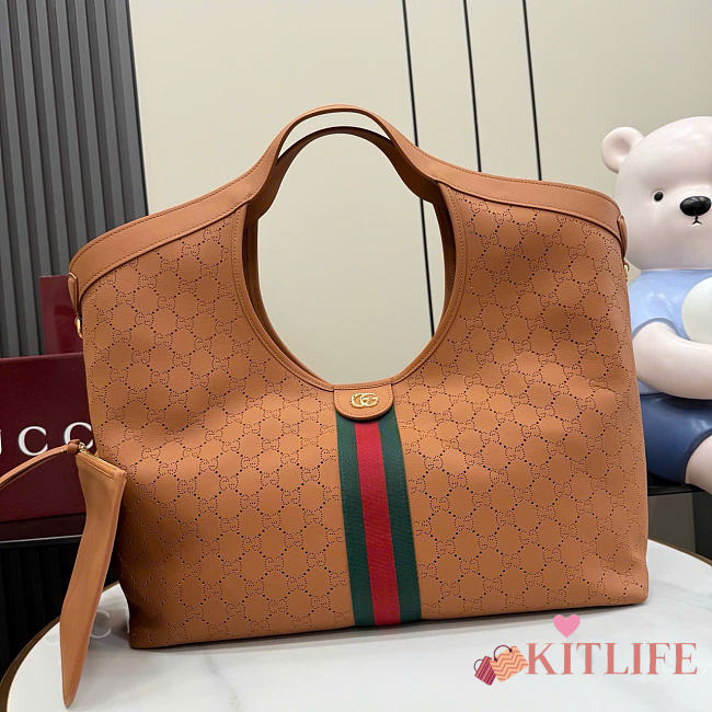 Kitlife Gucci Giglio Large Tote Bag Brown Soft Perforated GG Leather ‎853971 60x47x16cm  - 1