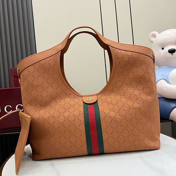 Kitlife Gucci Giglio Large Tote Bag Brown Soft Perforated GG Leather ‎853971 60x47x16cm 