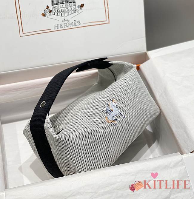 Kitlife Hermes Canvas Large Bride-A-Brac Cabriole Case Biscuit Beige & Black 20x25cm - 1