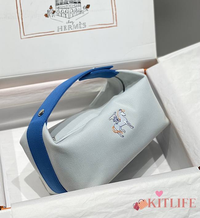 Kitlife Hermes Canvas Large Bride-A-Brac Cabriole Case Biscuit Beige & Blue 20x25cm - 1