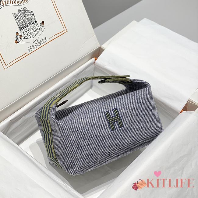Kitlife Hermes Canvas Large Bride-A-Brac Cabriole Case Biscuit Blue Denim & Yellow 20x25cm - 1