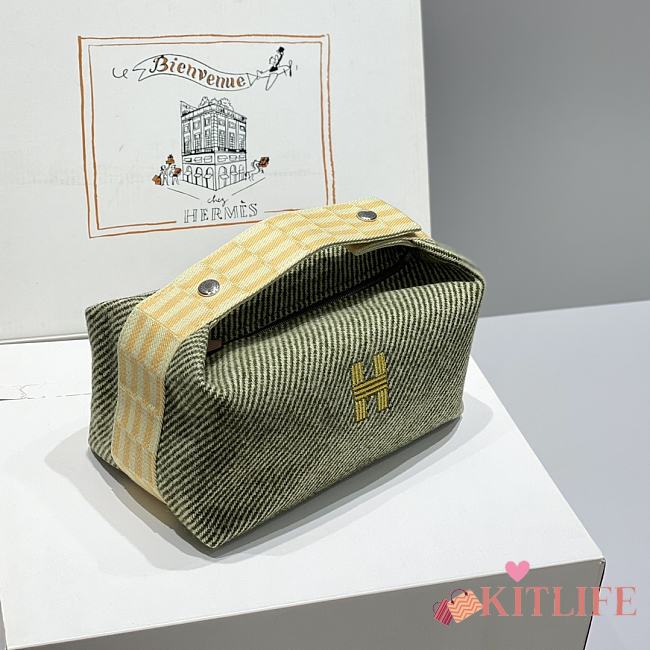Kitlife Hermes Canvas Large Bride-A-Brac Cabriole Case Biscuit Green & Yellow 20x25cm - 1