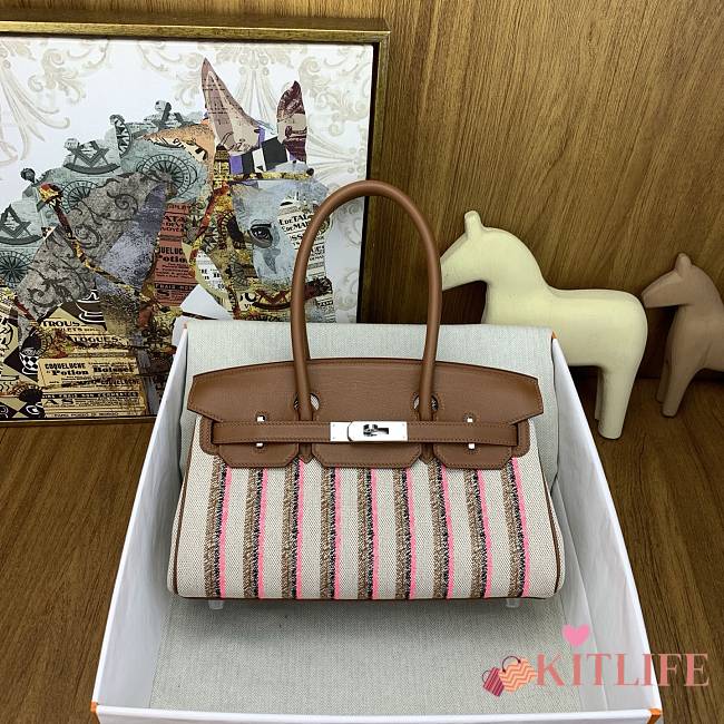 Kitlife Hermes Shoulder Birkin Bag Light Multicolor Toile and Brown Swift Palladium Hardware 29x13x15cm - 1