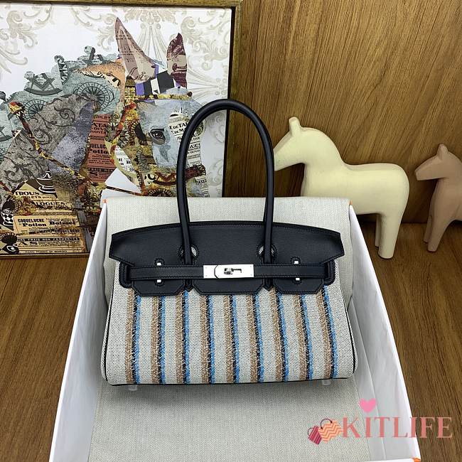 Kitlife Hermes Shoulder Birkin Bag Light Multicolor Toile and Black Swift Palladium Hardware 29x13x15cm - 1