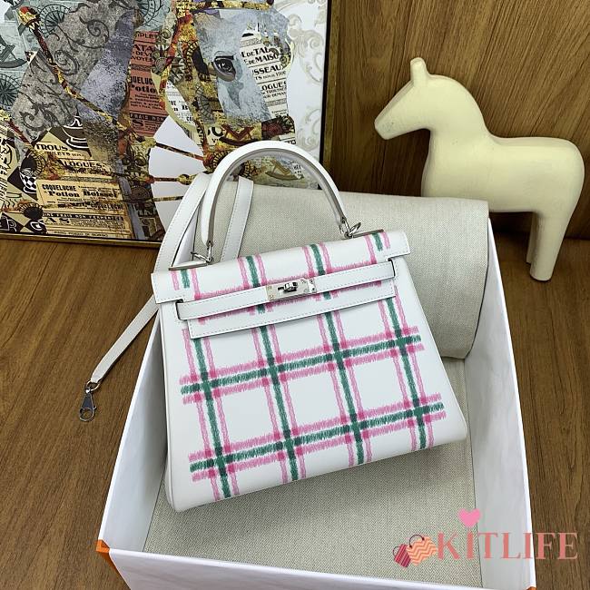 Kitlife Hermes Swift Tartan Kelly Retourne Bag White, Pink & Green 25cm - 1