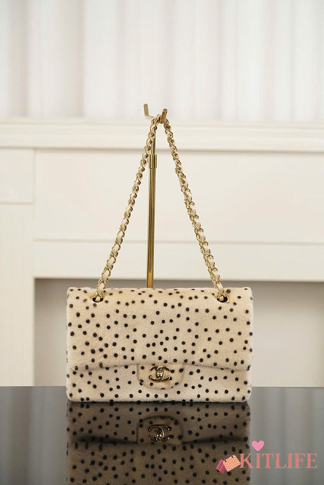Kitlife Chanel Pony Hair Cheetah Printed Creative Fabrics Flap Light Beige Black 25cm - 1
