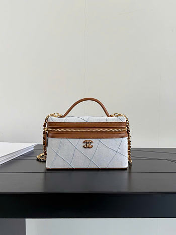 Kitlife Chanel Washed Denim Calfskin Quilted Top Handle Slim Vanity Case With Chain Blue Brown 19.5×17×5cm