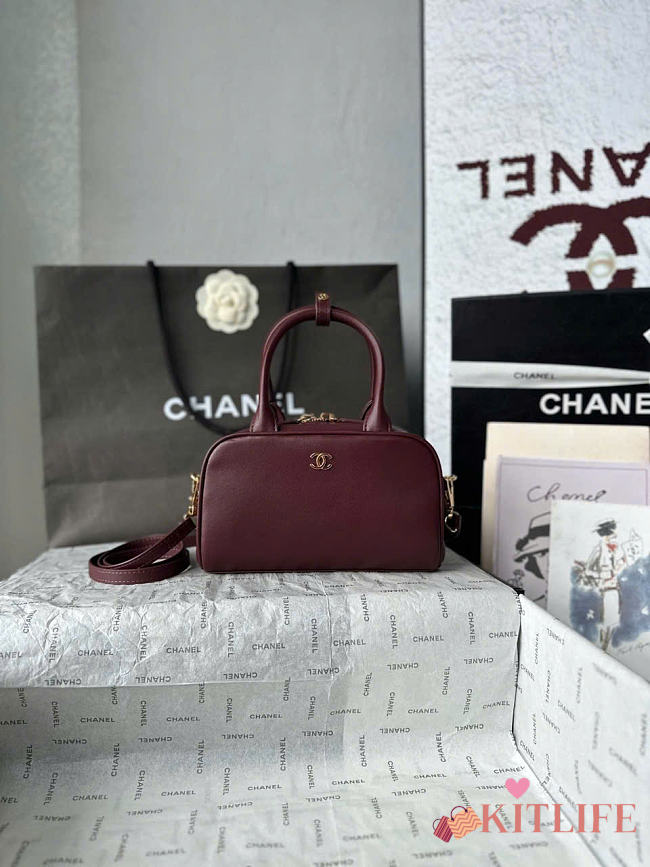 Kitlife Chanel 26B Mini Bowling Boston Bag Burgundy AS5528 20x13x9cm - 1