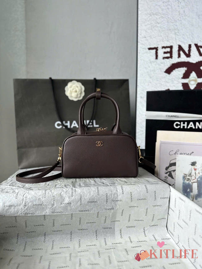 Kitlife Chanel 26B Mini Bowling Boston Bag Dark Brown AS5528 20x13x9cm - 1