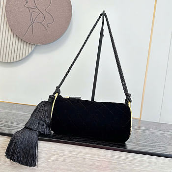 Kitlife Chanel 26A Black Velvet Tassel Cylindrical Bag 12x23.5x12cm 