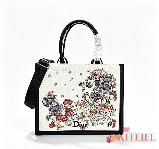 Kitlife Dior Medium Book Tote with Strap Multicolor Dior Hortensia Garden Embroidery  36x27.5x16.5cm - 1