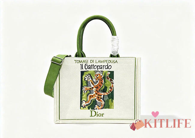 Kitlife Dior Medium Book Tote with Strap Beige Multicolor Book Cover Embroidery 36x27.5x16.5cm - 1